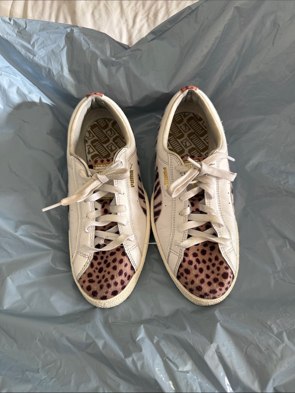 Puma White Low-Top Sneakers with Leopard Print Toe and Side Stripes